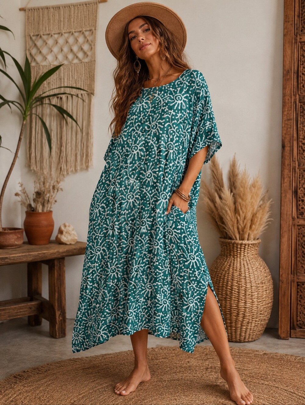 Vintage Cotton Boho Chic Teal Patterned Midi Kaftan Celestial Green Dress Large